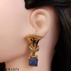 GOLDEN LOTUS TOP EARRINGS WITH SAPPHIRE SQUARE