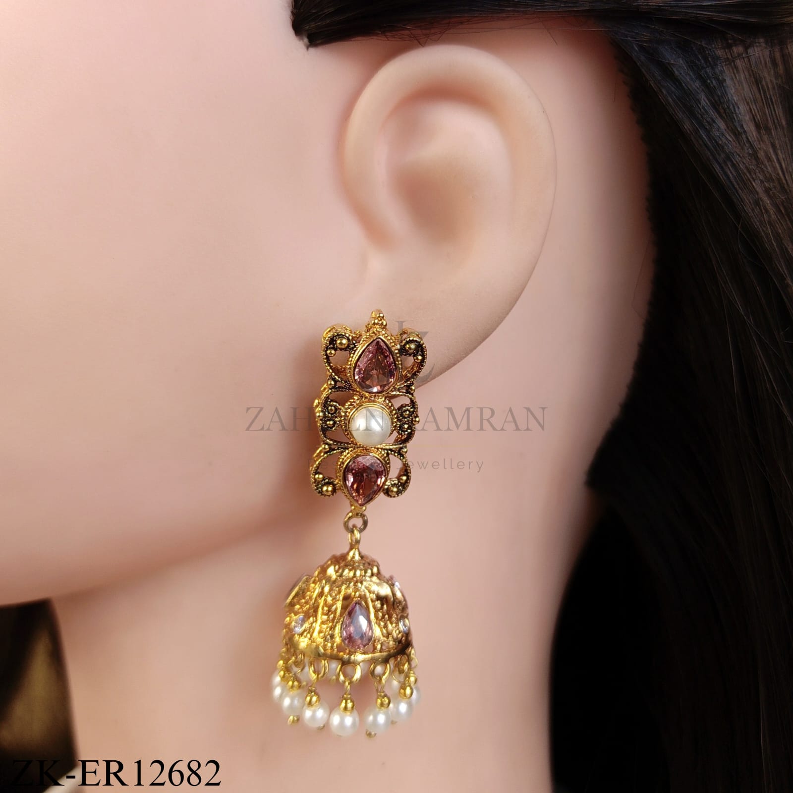 GOLDEN ORNATE PINK ZIRCONIA EARRINGS