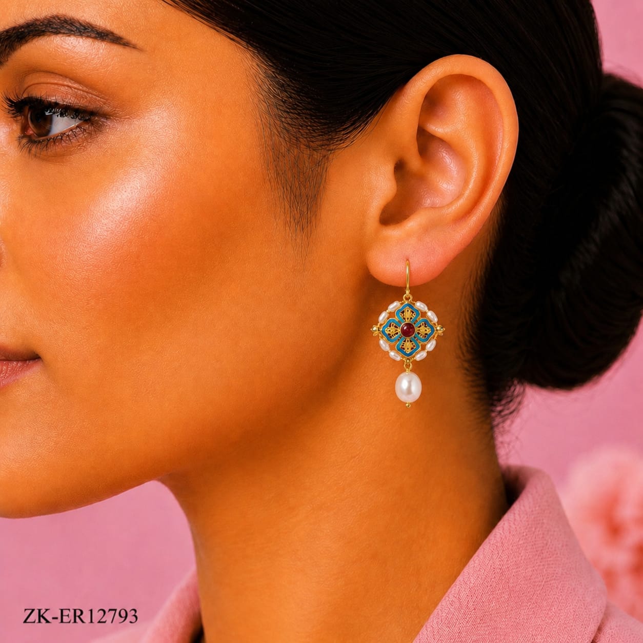 Blue Floral Pearl Earrings