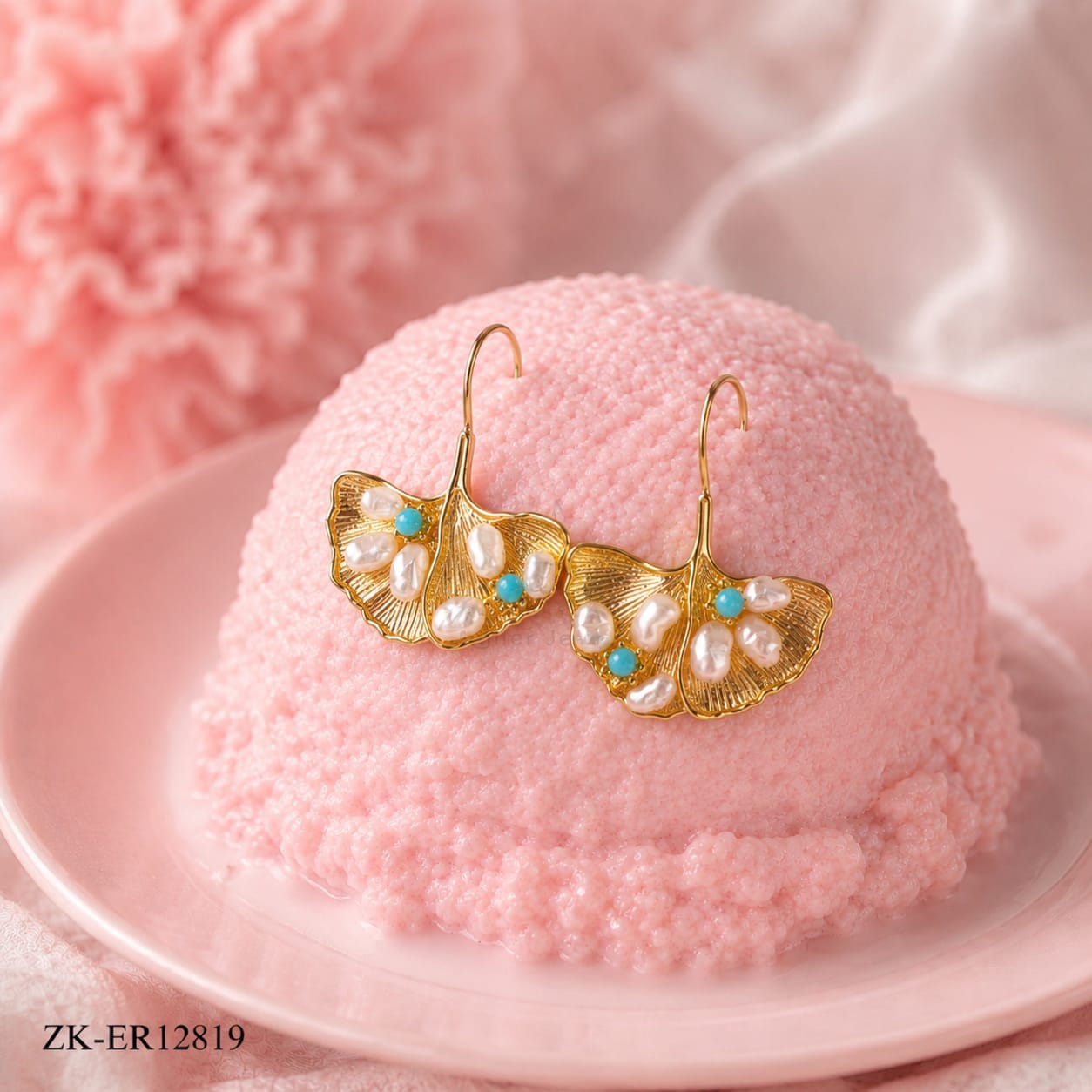 GOLD LEAF EARRINGS WITH PEARLS AND BLUE BEADS