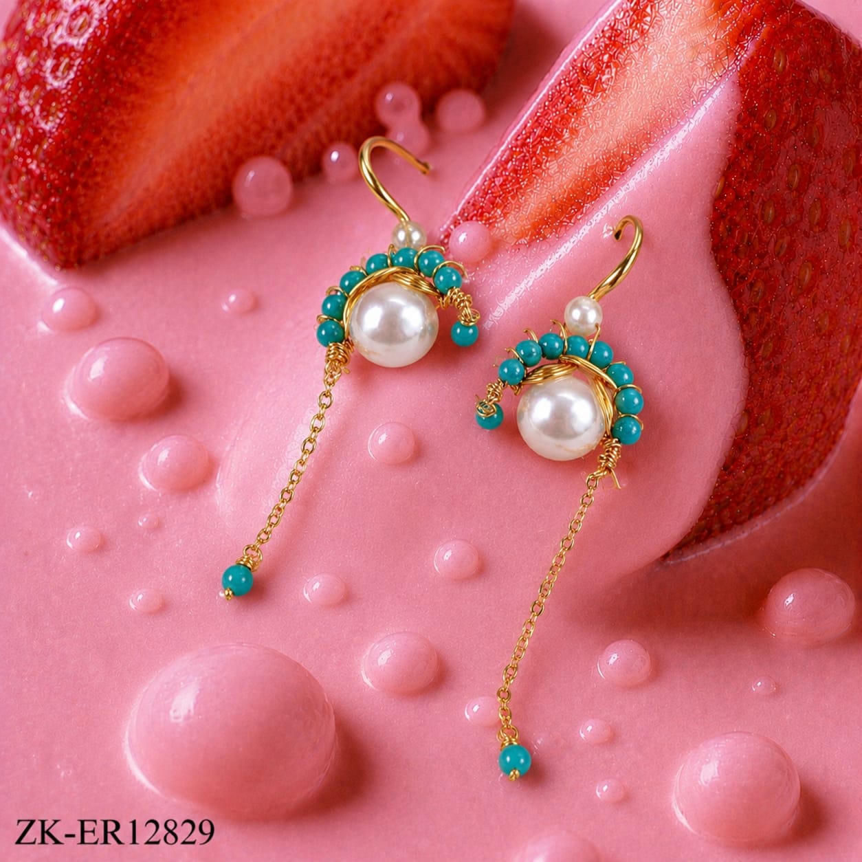 GOLD HOOK BLUE AND WHITE PEARL CHAIN EARRINGS
