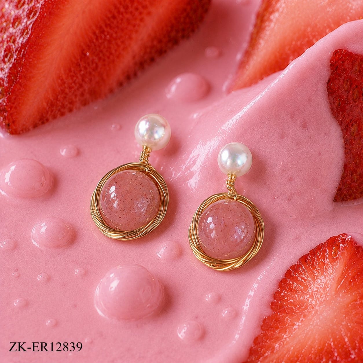 GOLD TONE EARRINGS WITH PEARL TOP AND SOFT PINK STONE