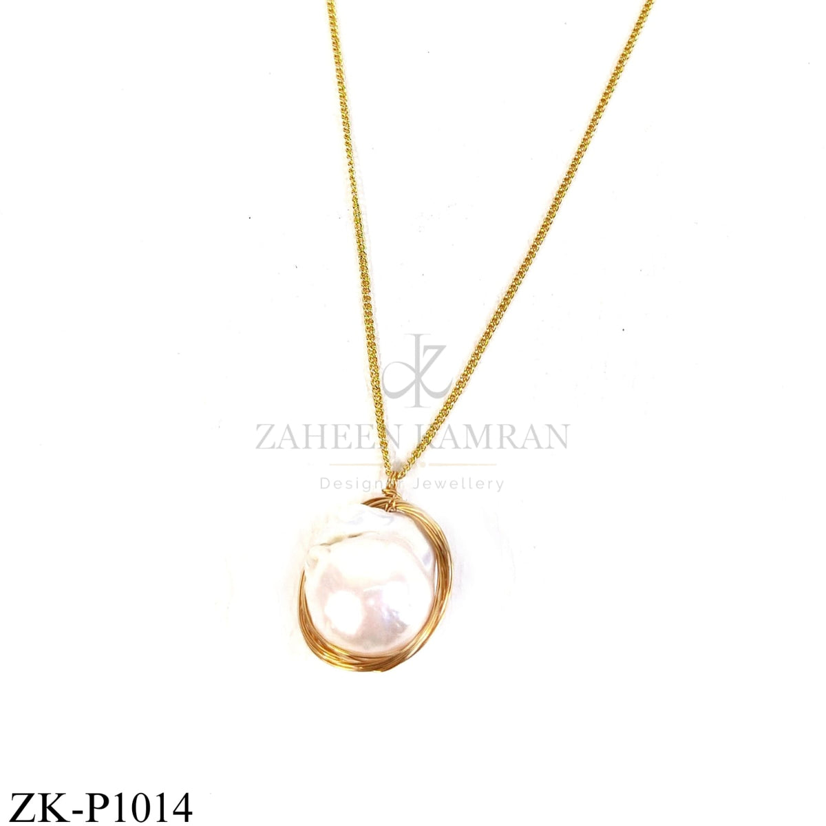 Gold wire-wrapped pearl pendant on fine chain - Zaheen Kamran