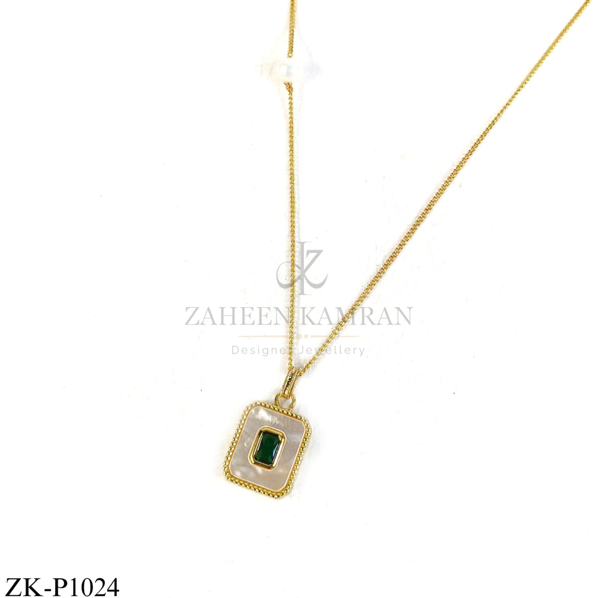 Gold square pendant with white shell and green stone - Zaheen Kamran