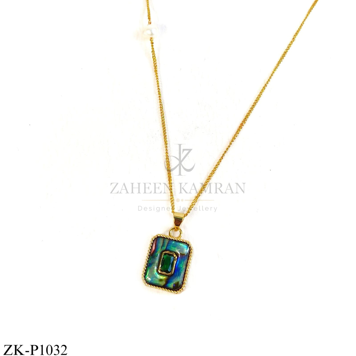 Gold square pendant with green and blue shell - Zaheen Kamran