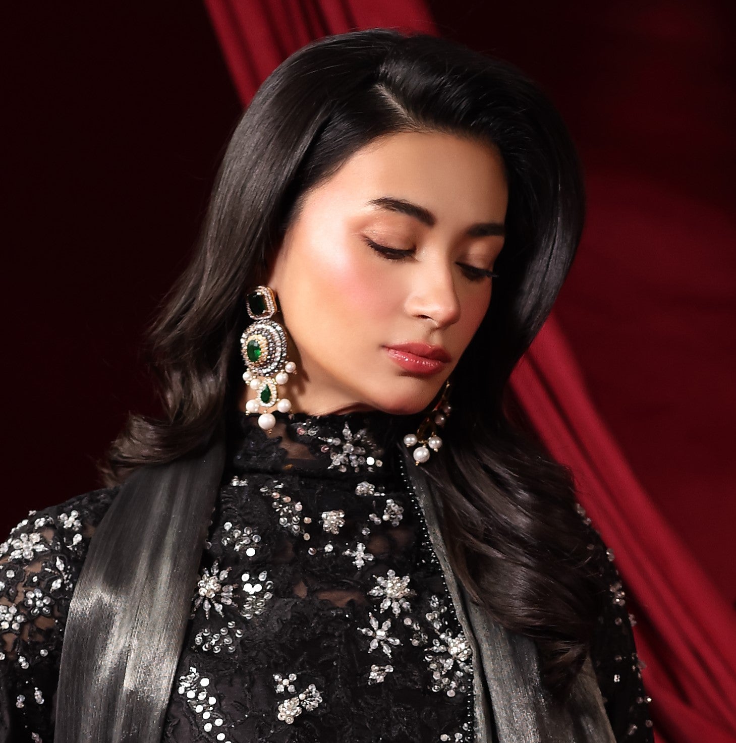 Abeer Asad in Ornate Multi-Tiered Drop Earrings