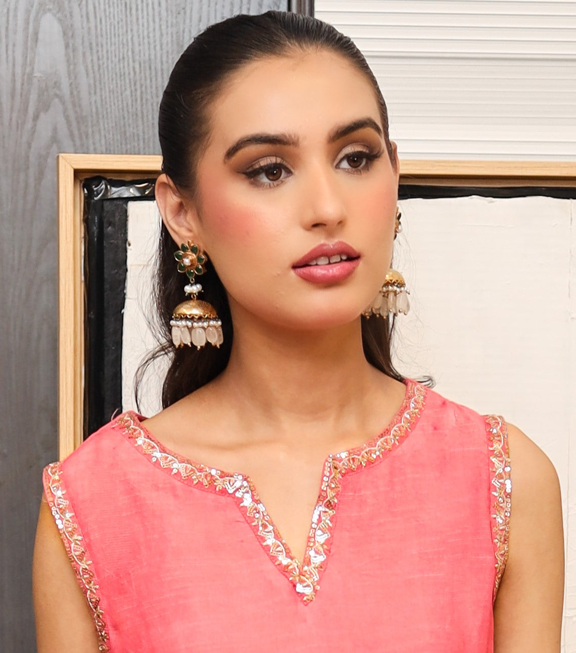 Alisha Sandhu in Handcrafted Emerald Pearl Earrings
