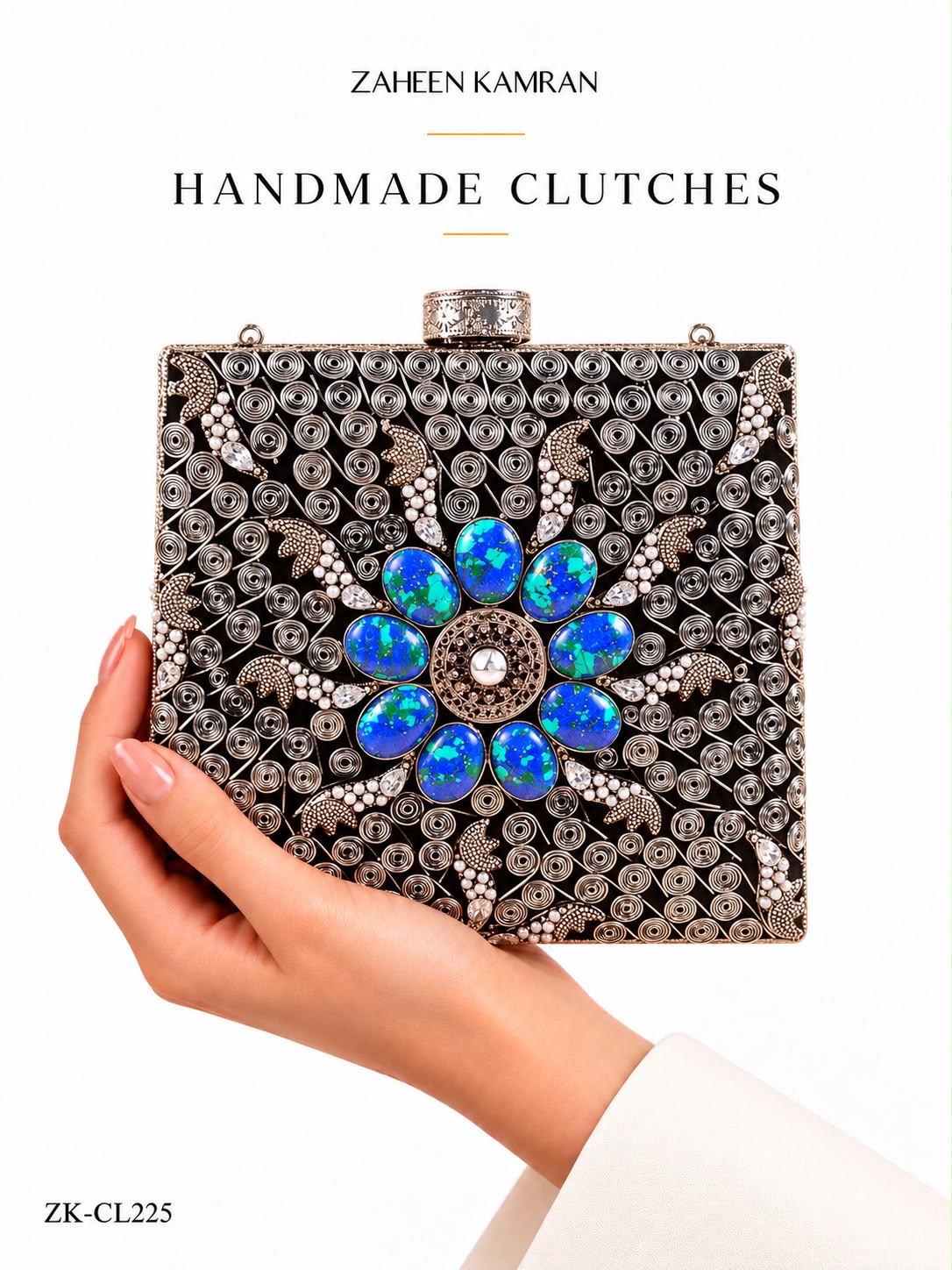 SILVER FLORAL AND LEAF PATTERN CLUTCH