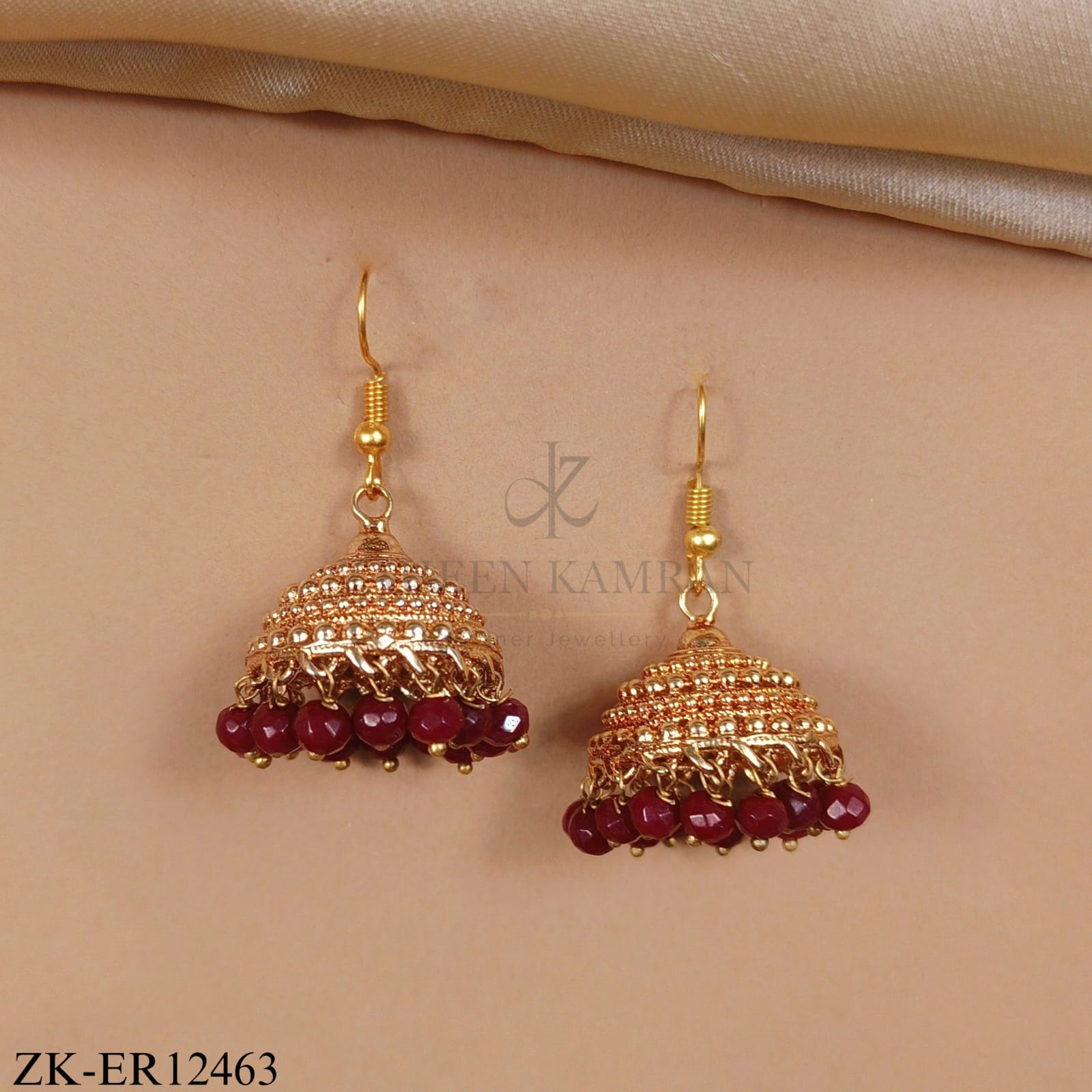 GOLD BELL TOPS EARRINGS WITH RUBY ACCENTS