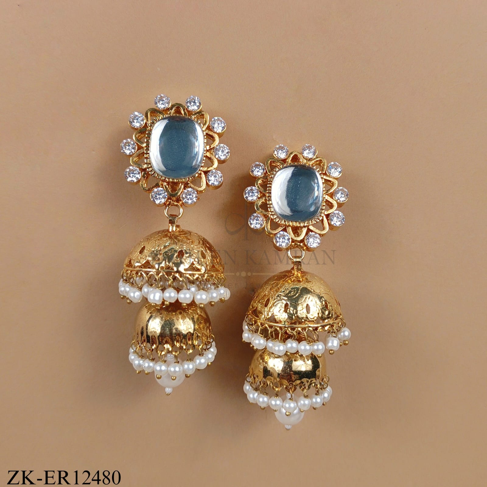 GOLDEN KUNDAN PEARLS DROP EARRINGS