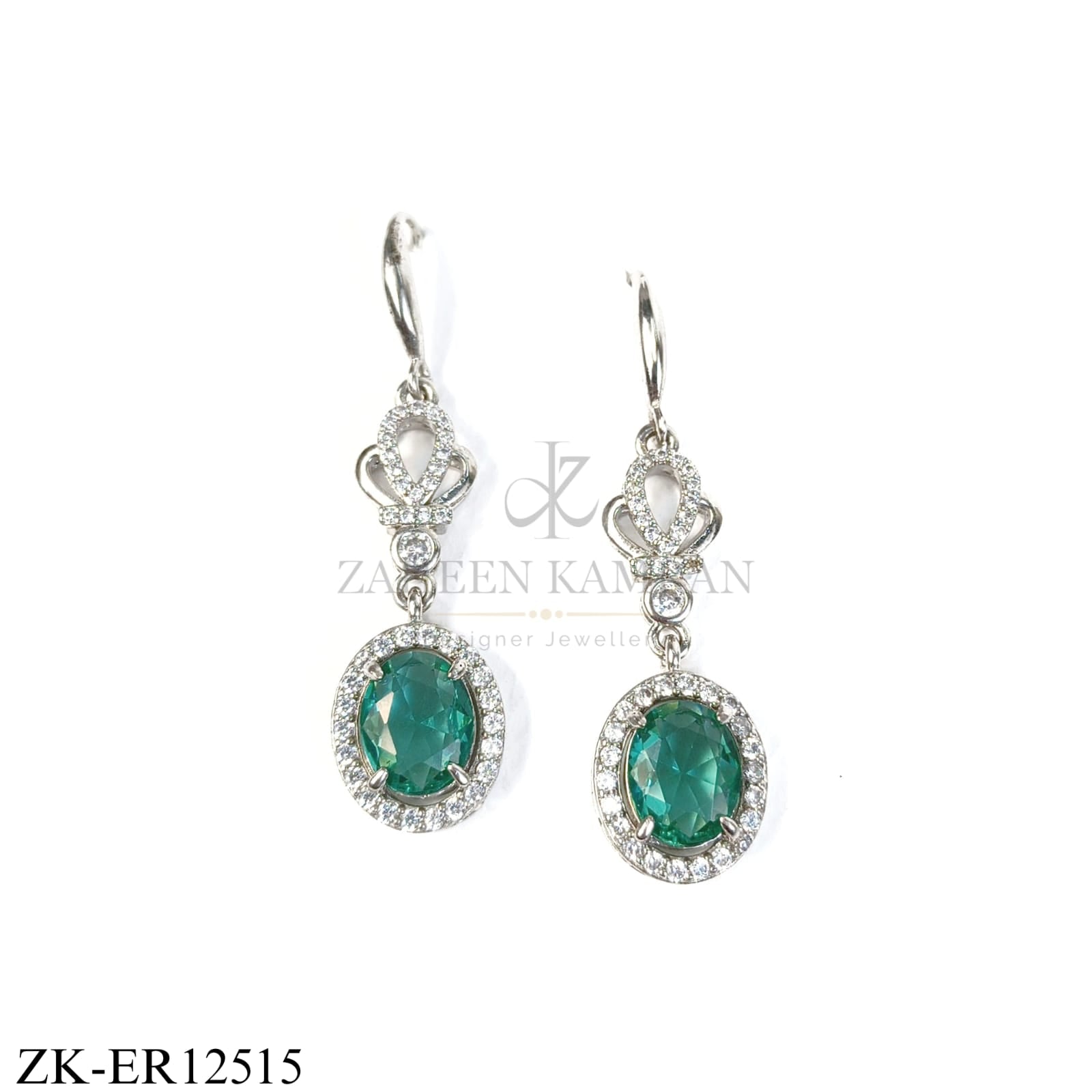 SILVER EMERALD CROWN TOP EARRINGS