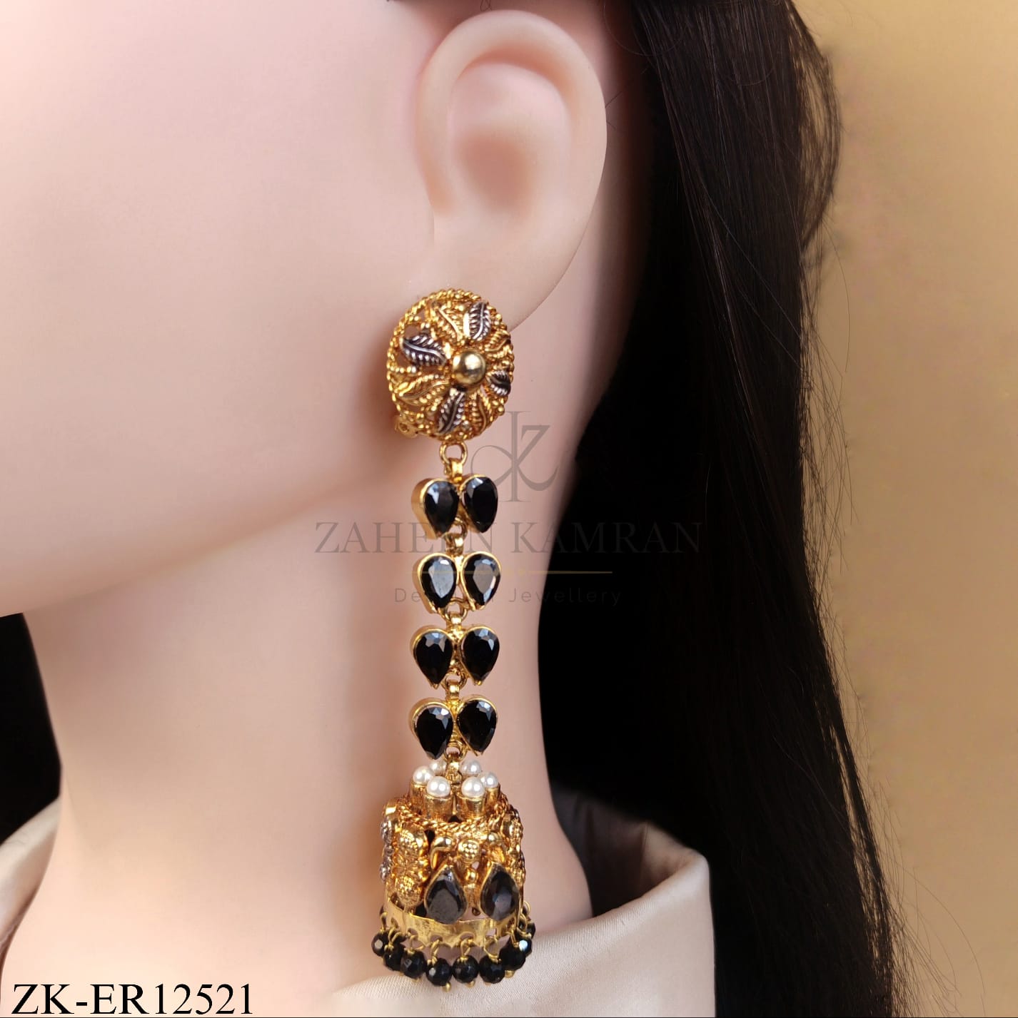 GOLD DUAL LONG BLACK ONYX EARRINGS