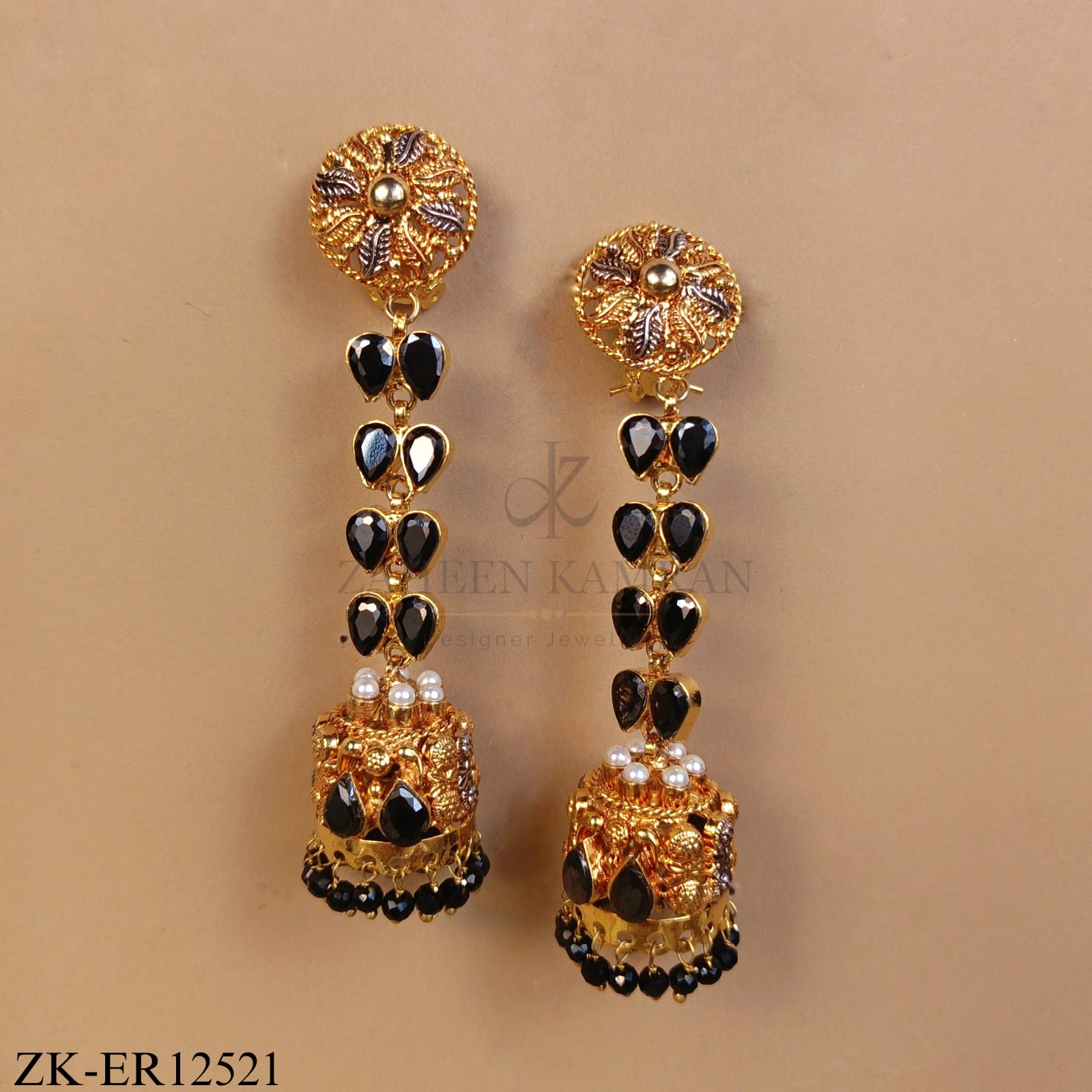 GOLD DUAL LONG BLACK ONYX EARRINGS