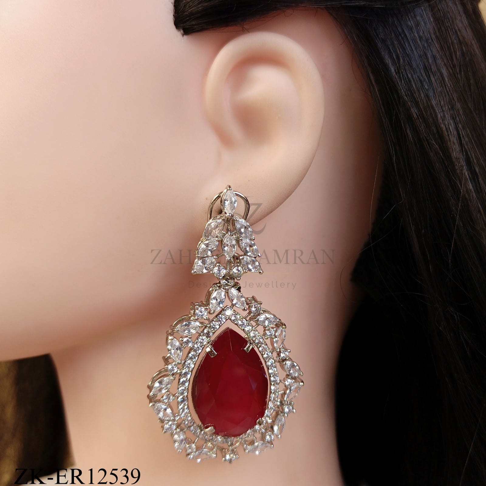 SILVER LEAF TOP WITH RUBY TEARDROP EARRINGS