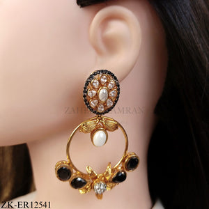 BLACK ONYX STONES WITH GOLD FLORAL EARRINGS