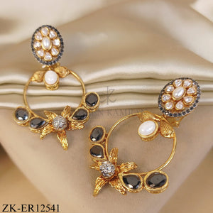 BLACK ONYX STONES WITH GOLD FLORAL EARRINGS