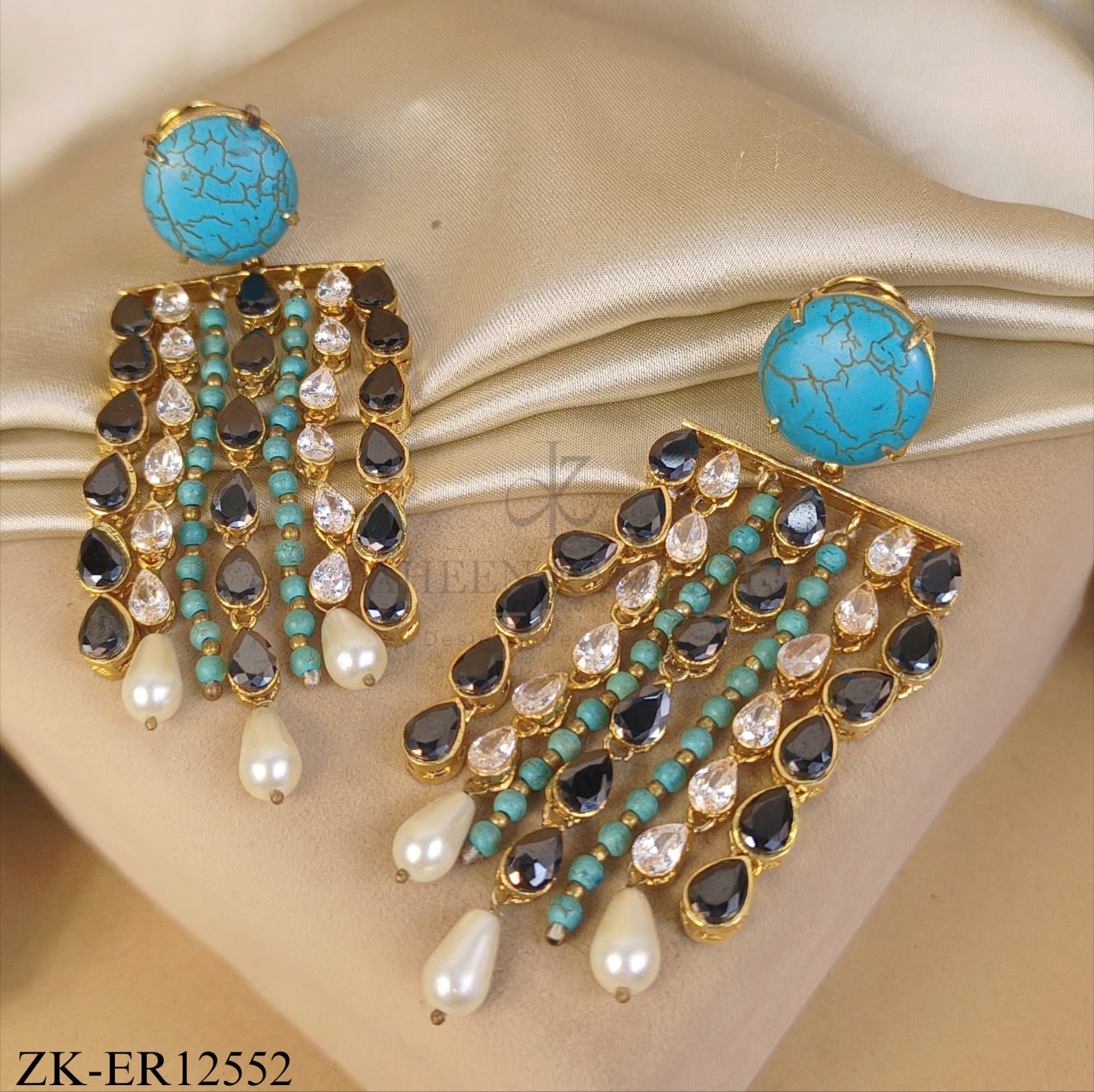 MULTI LINE STONES WITH PEARLS END EARRINGS
