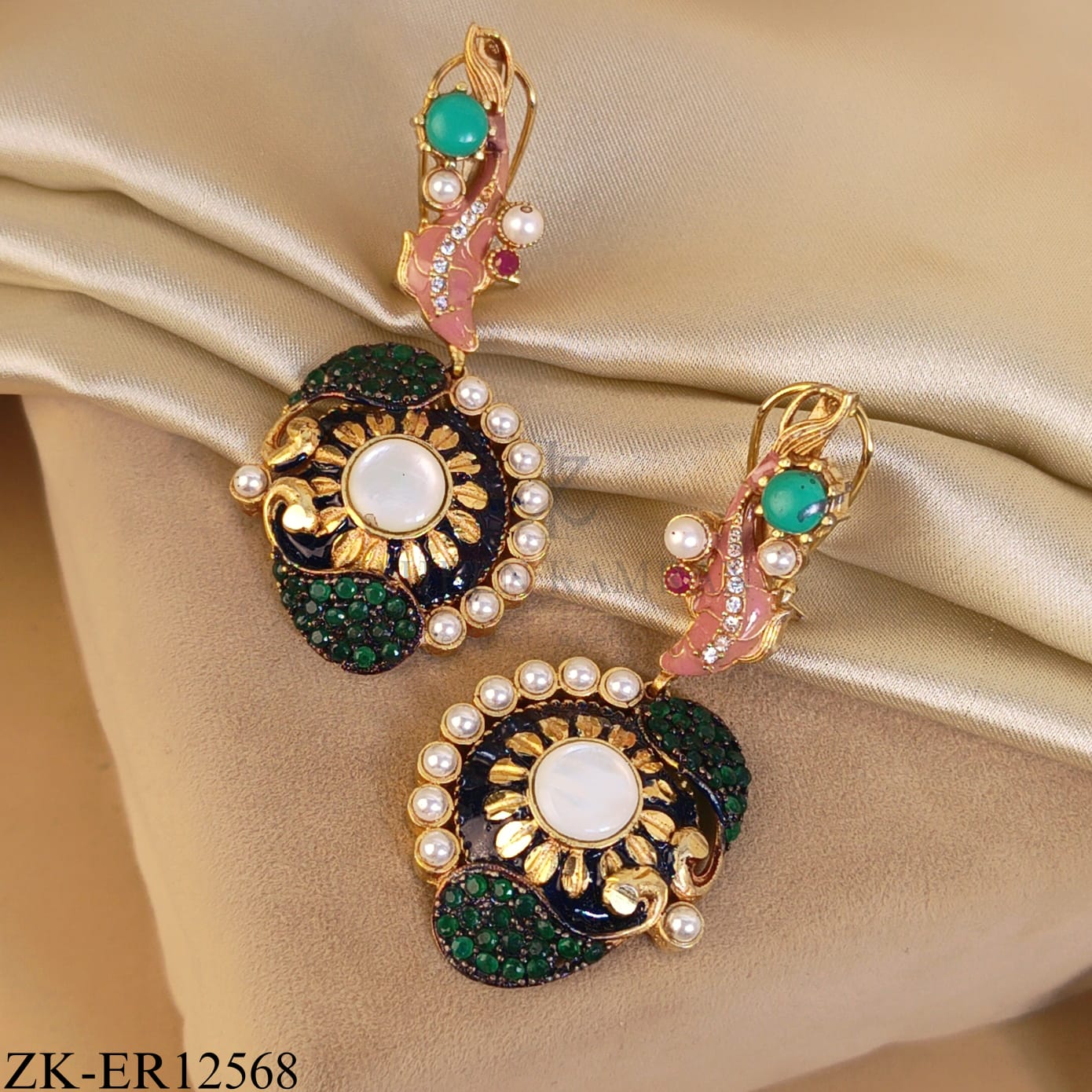 PEACOCK MOTIF EMERALD EARRINGS