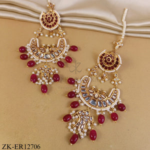 GOLDEN KUNDAN RUBY DROP PEARLS STRAND EARRINGS