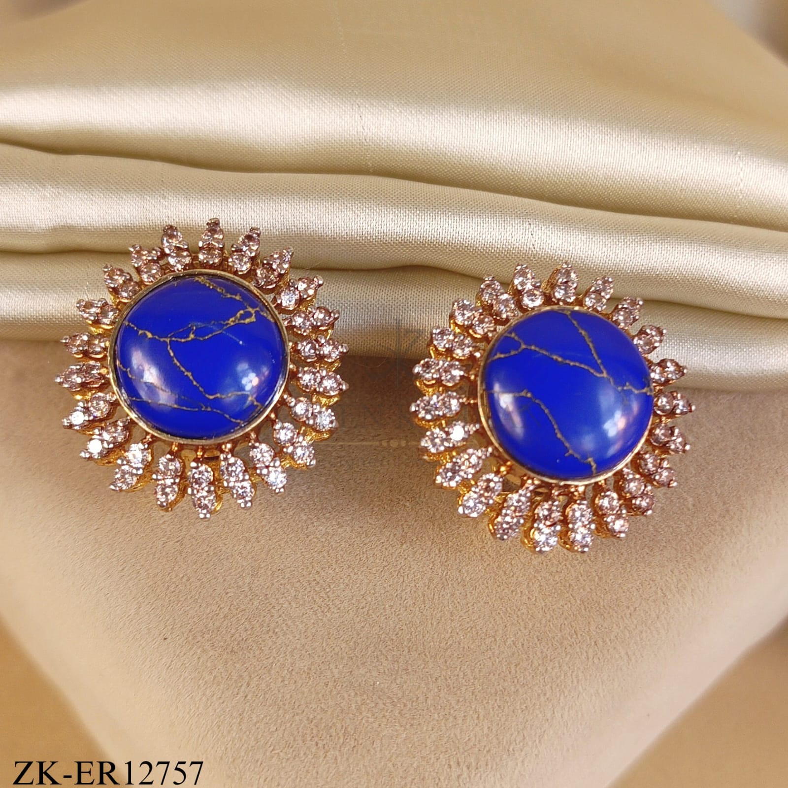 ROUND LAPIS LAZULI ZIRCONIA EDGE EARRINGS