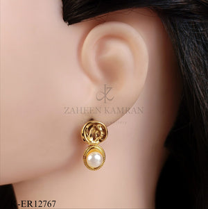 GOLD TEXTURED TOP PEARL DROP EARRINGS