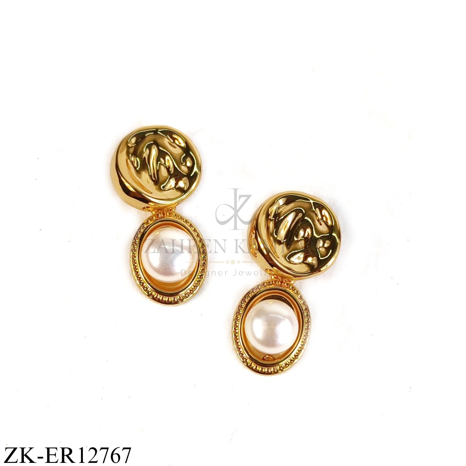 GOLD TEXTURED TOP PEARL DROP EARRINGS