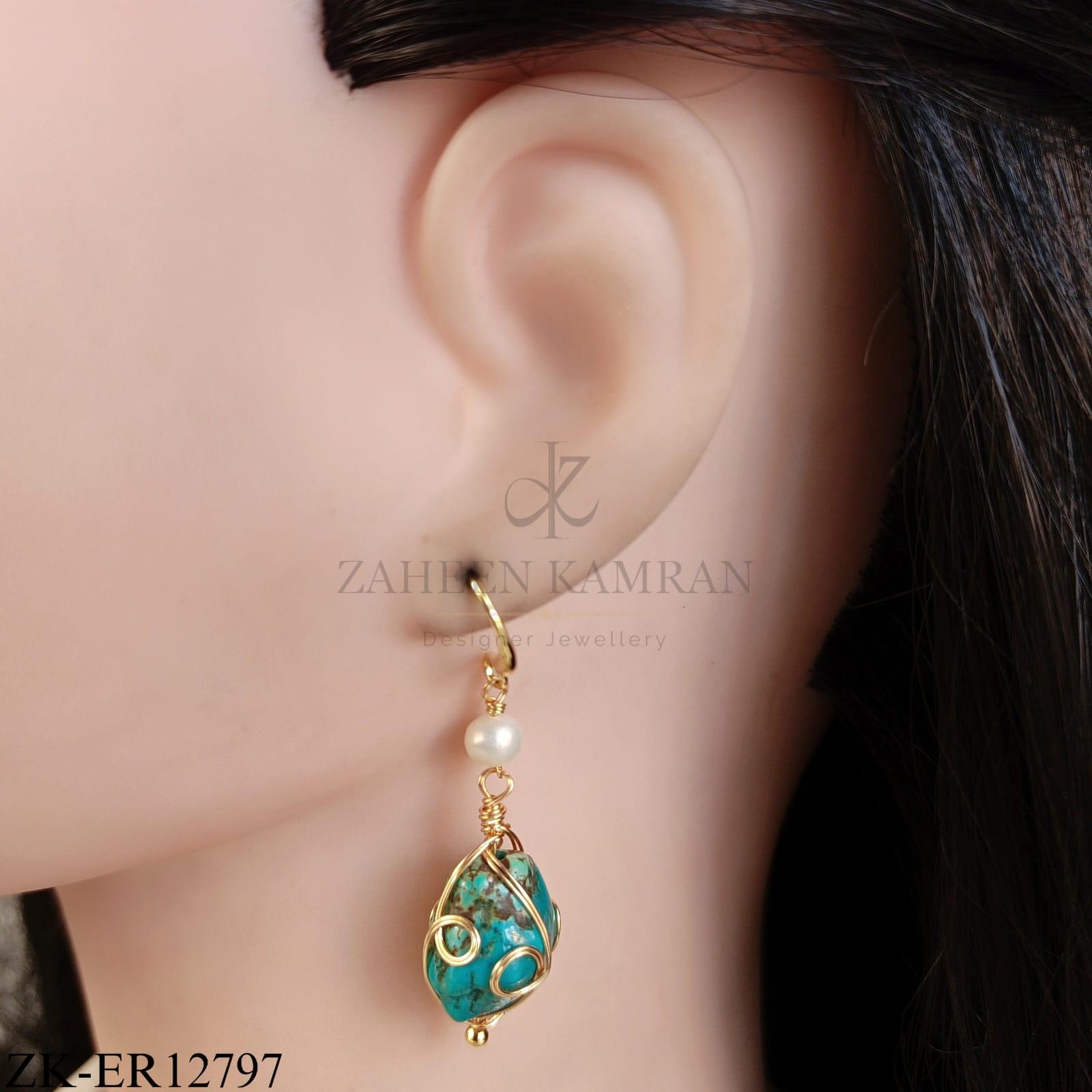 GOLD WIRE HOLD TURQUOISE STONE EARRINGS