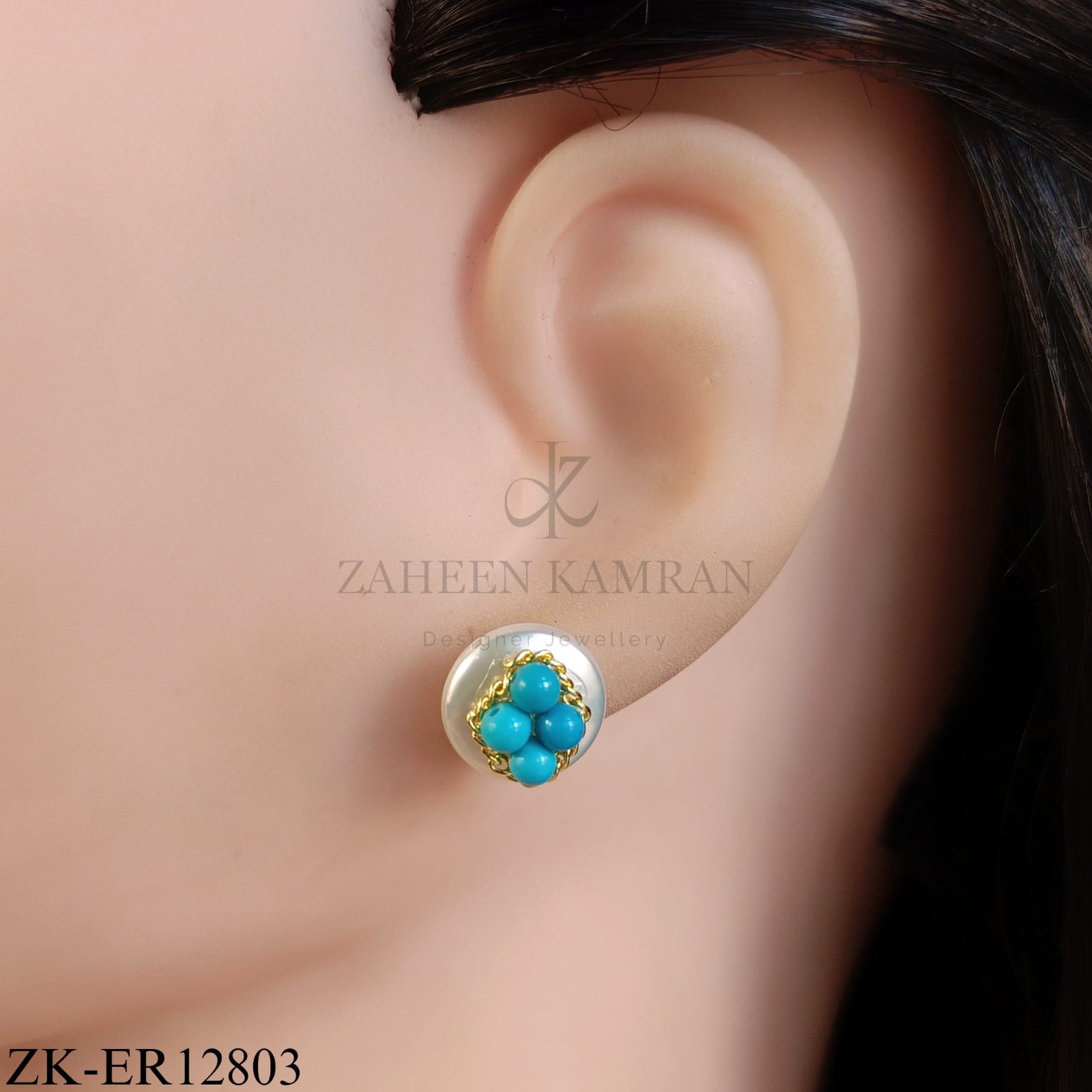 GOLDEN FOUR ROUND BLUE BEADS EARRINGS