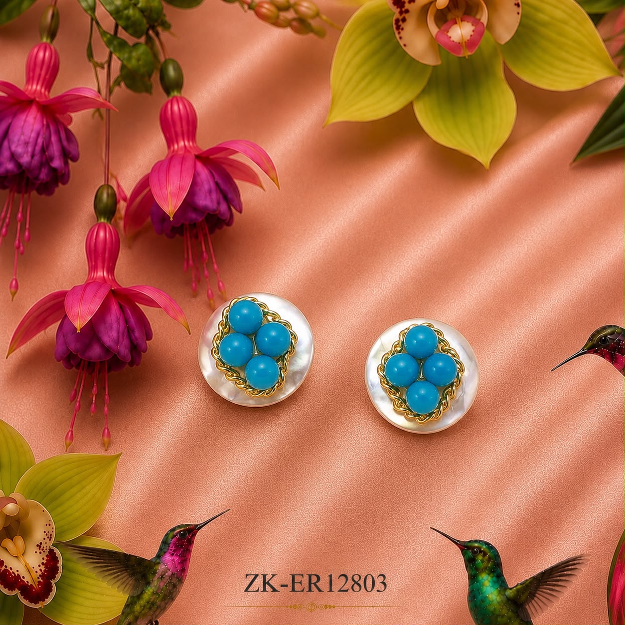 Blue Bead Flower Studs