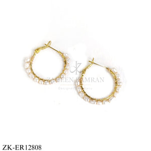 GOLD TONE WHITE PEARLS HOOP EARRINGS