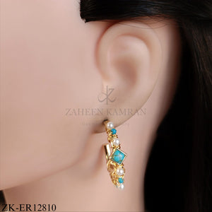 GOLD HOOP EARRINGS WITH PEARLS AND BLUE BEADS