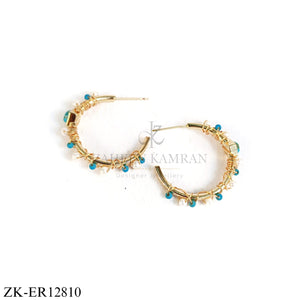 GOLD HOOP EARRINGS WITH PEARLS AND BLUE BEADS