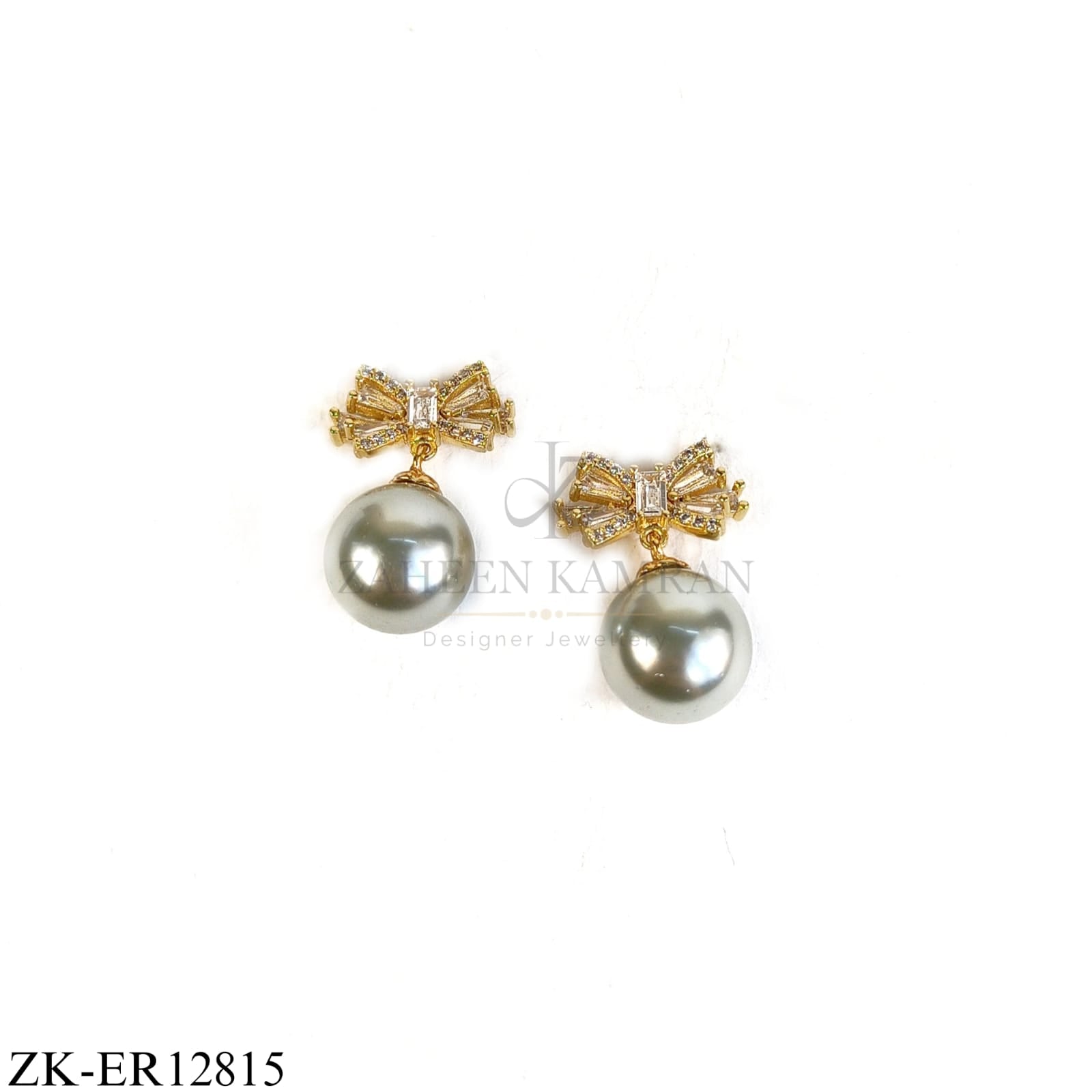 GOLD BOW GREY PEARL DROP EARRINGS
