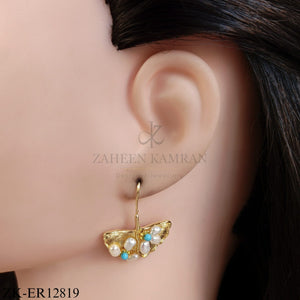 GOLD LEAF EARRINGS WITH PEARLS AND BLUE BEADS