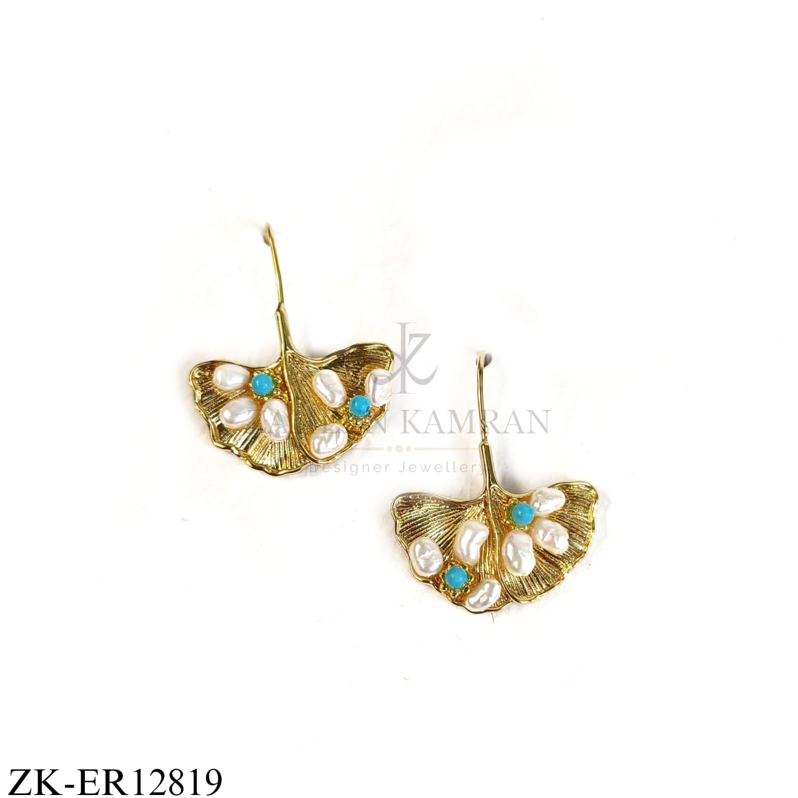 GOLD LEAF EARRINGS WITH PEARLS AND BLUE BEADS