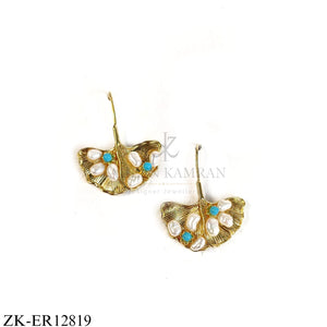 GOLD LEAF EARRINGS WITH PEARLS AND BLUE BEADS