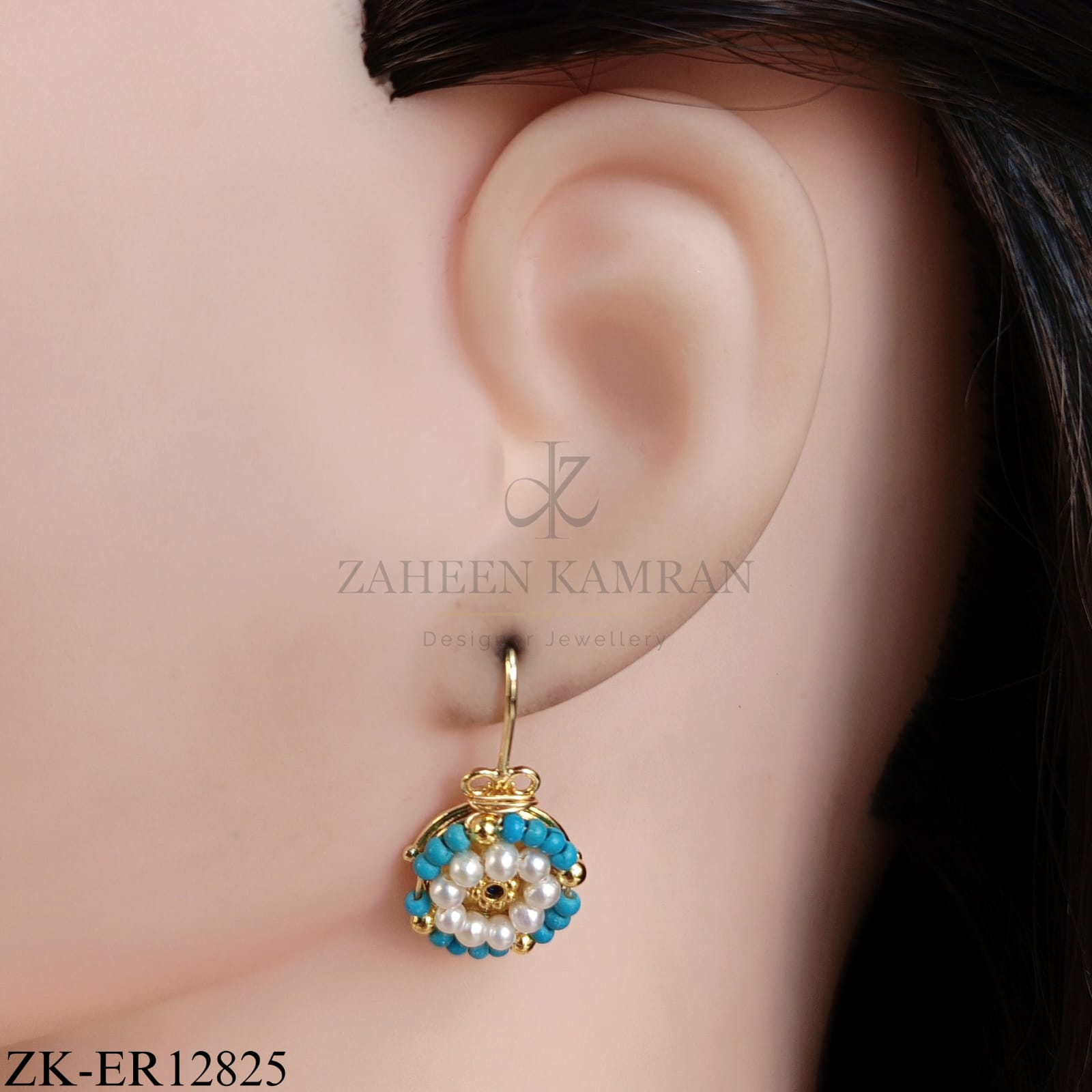 GOLD FLORAL EARRINGS WITH PEARLS AND BLUE BEADS