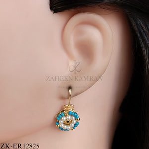 GOLD FLORAL EARRINGS WITH PEARLS AND BLUE BEADS