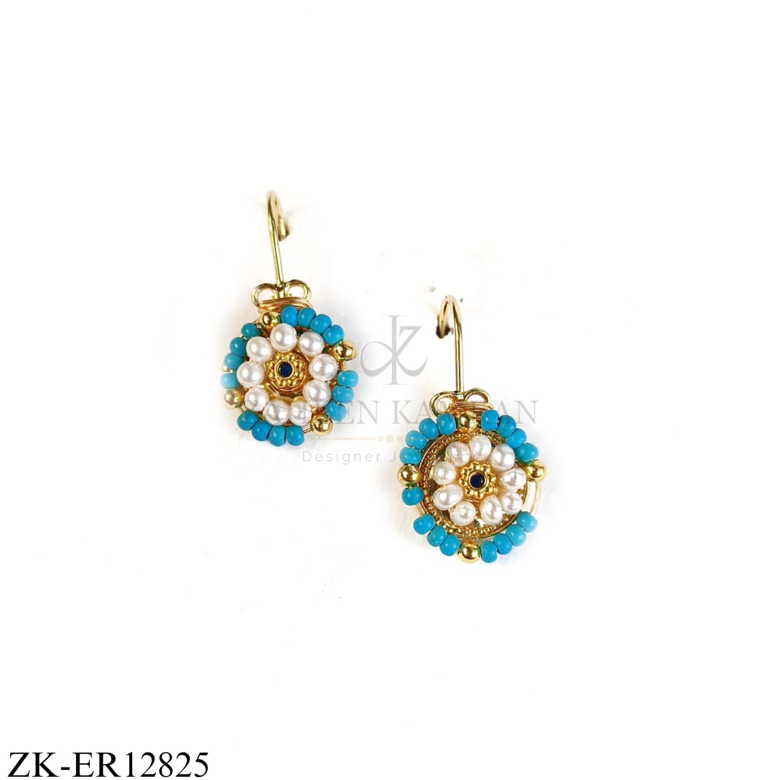 GOLD FLORAL EARRINGS WITH PEARLS AND BLUE BEADS