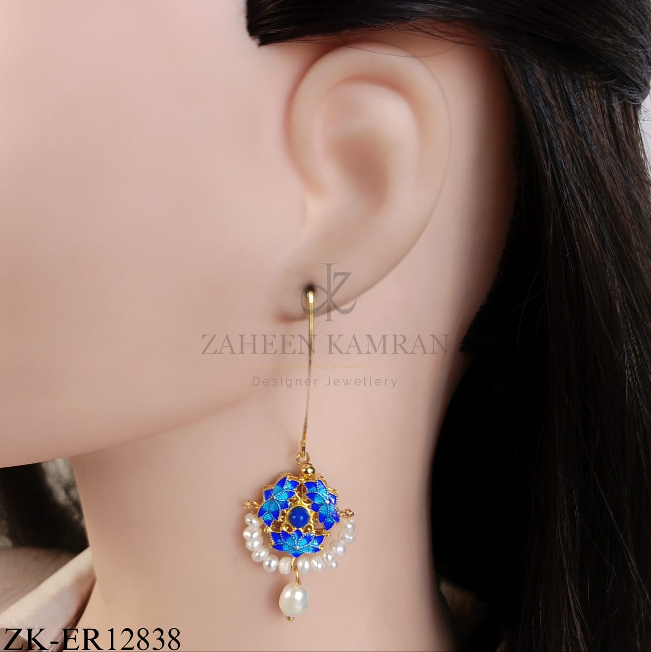GOLD FLORAL HOOK BLUE ENAMEL EARRINGS