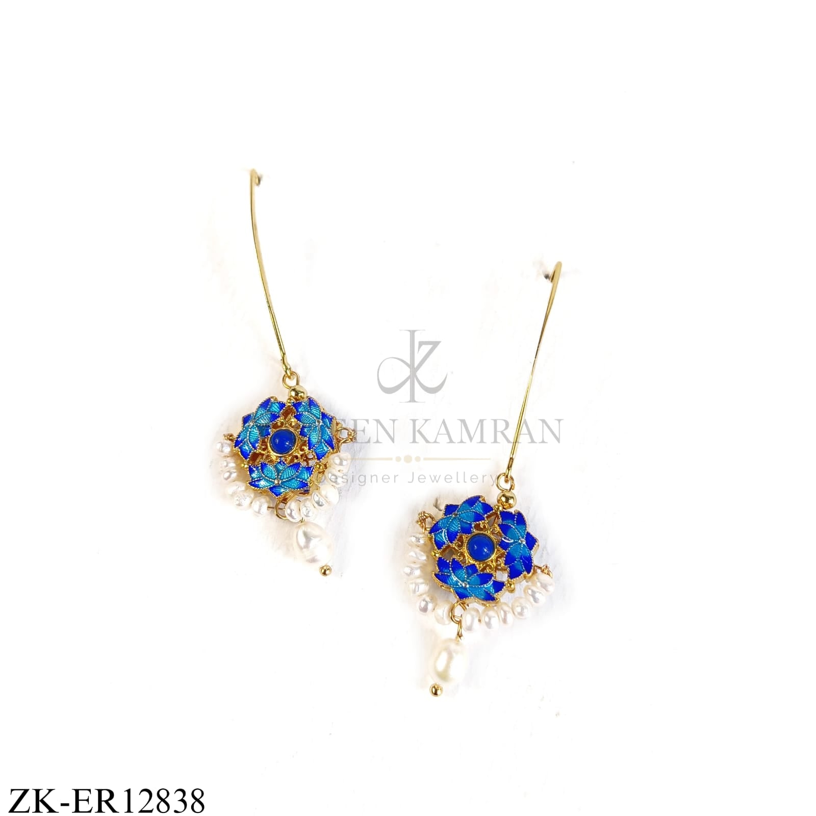 GOLD FLORAL HOOK BLUE ENAMEL EARRINGS