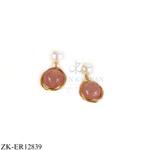 GOLD TONE EARRINGS WITH PEARL TOP AND SOFT PINK STONE