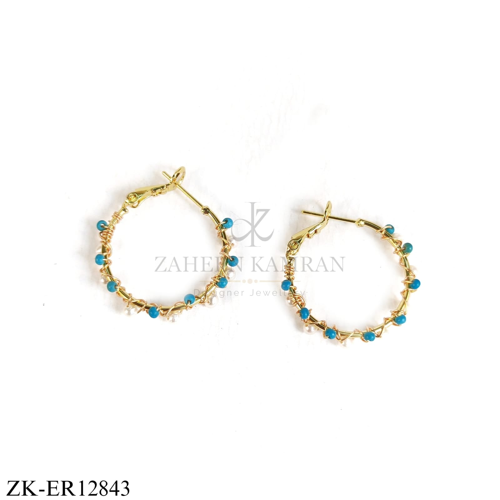 GOLD TONE BLUE BEADS AND PEARLS HOOP EARRINGS
