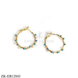 GOLD TONE BLUE BEADS AND PEARLS HOOP EARRINGS