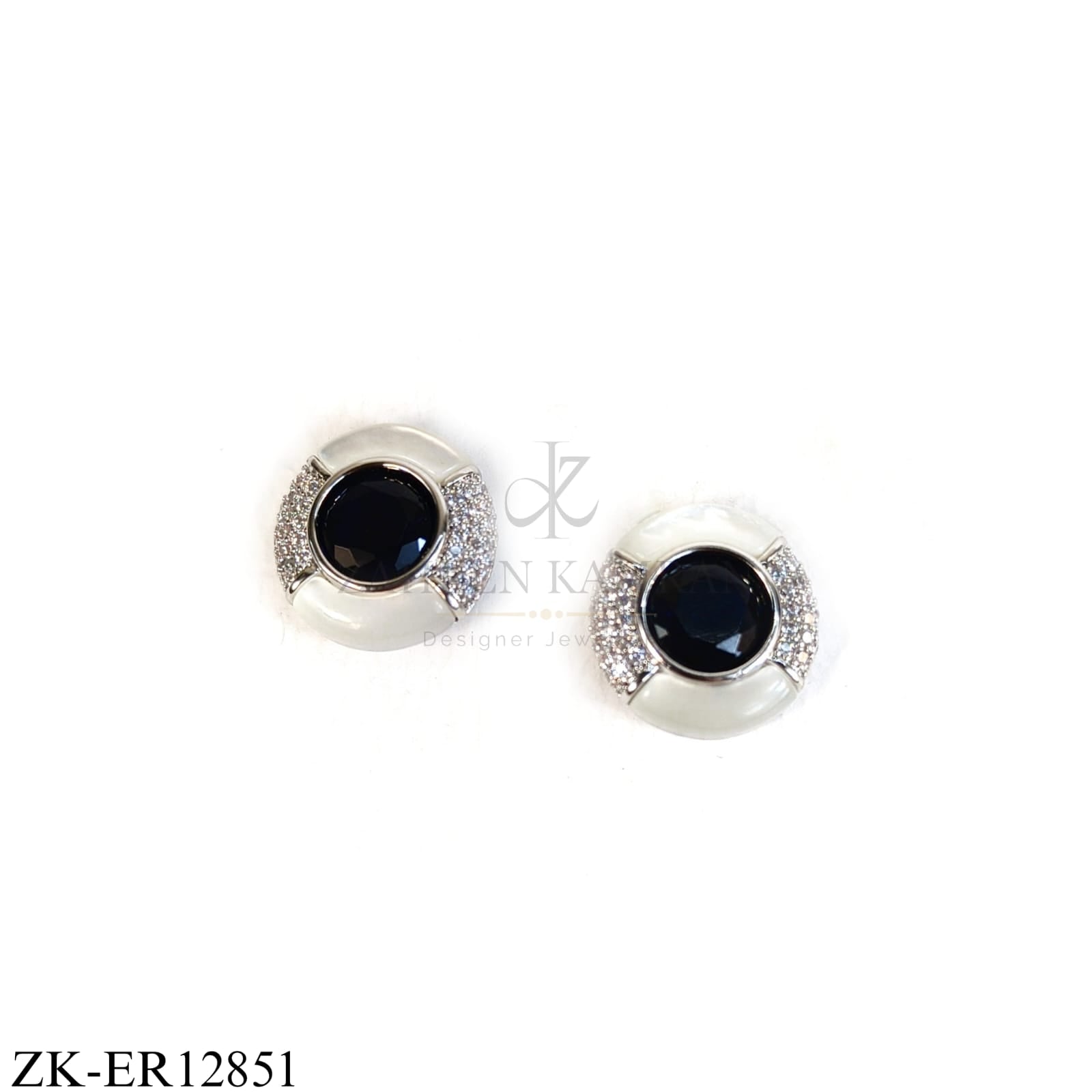 SILVER ROUND BLACK ENAMEL EARRINGS