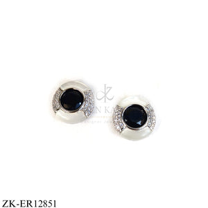 SILVER ROUND BLACK ENAMEL EARRINGS