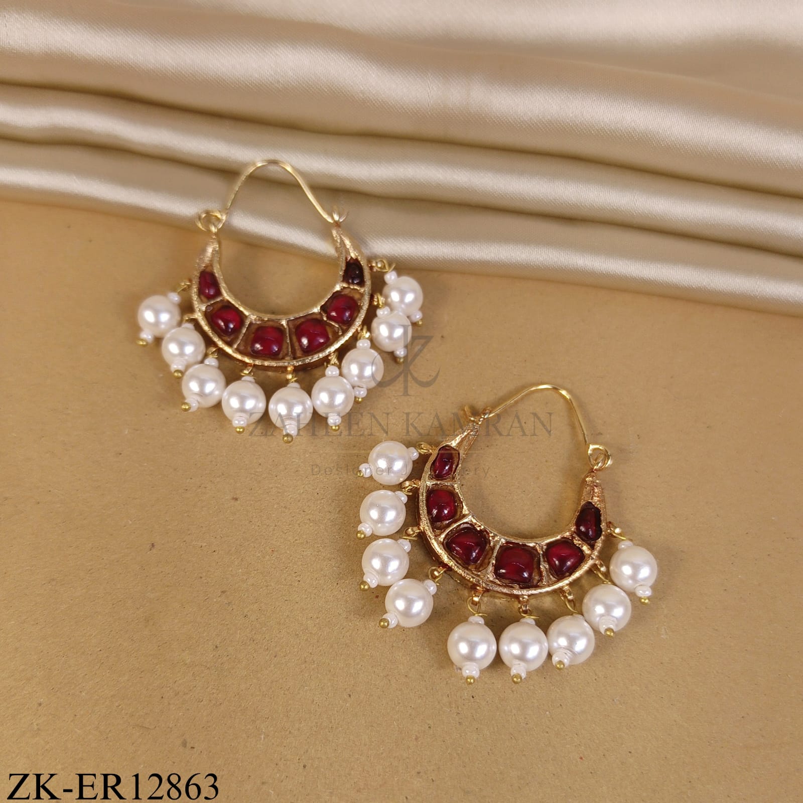 GOLDEN CRESCENT RUBY HOOP PEARL DROP EARRINGS