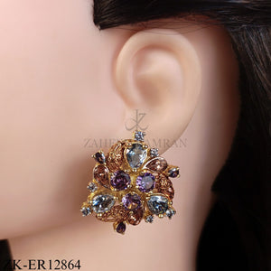 GOLDEN FLORAL AMETHYST AND PEACH STONES EARRINGS