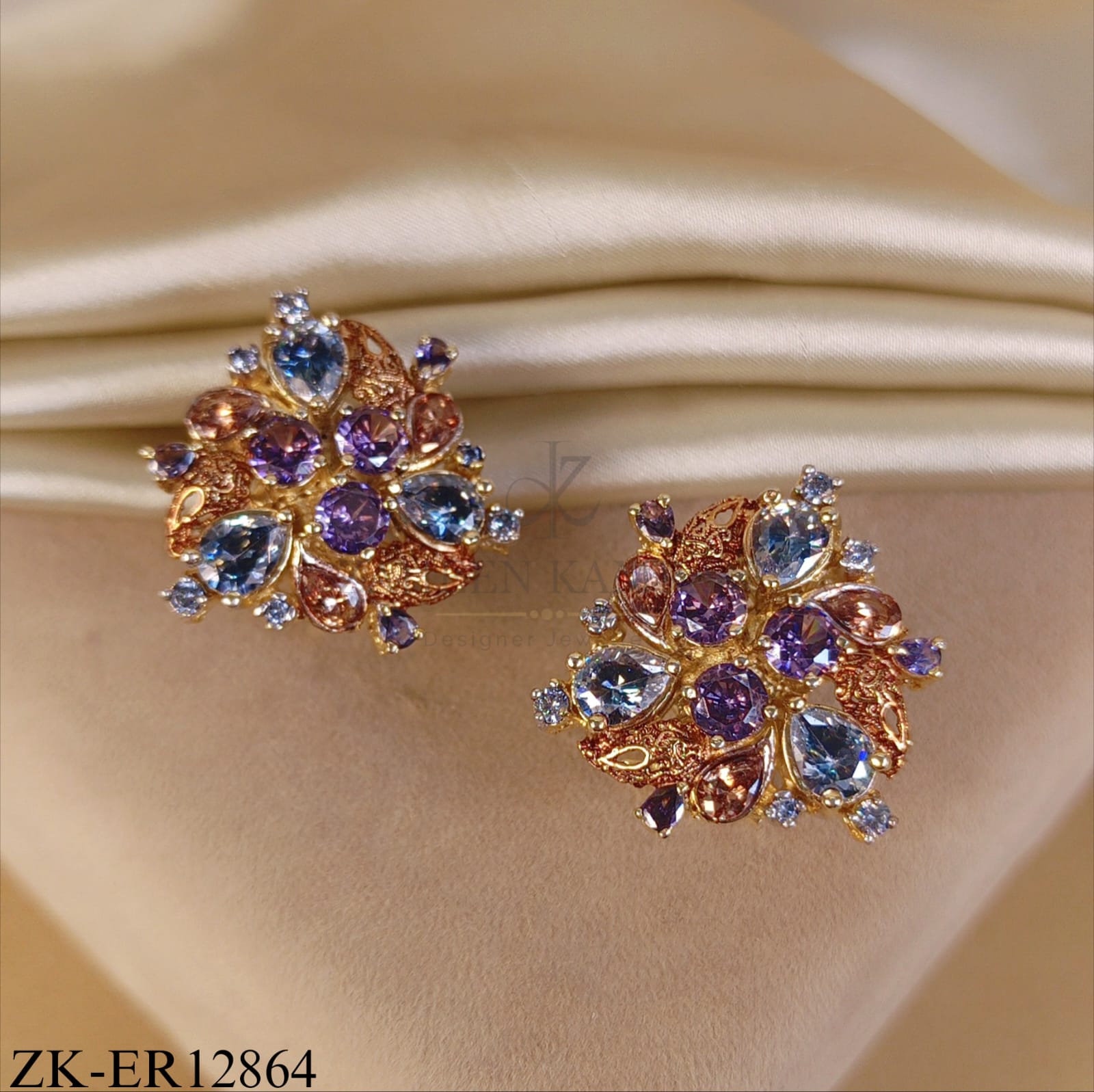 GOLDEN FLORAL AMETHYST AND PEACH STONES EARRINGS
