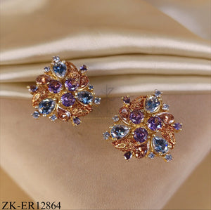 GOLDEN FLORAL AMETHYST AND PEACH STONES EARRINGS